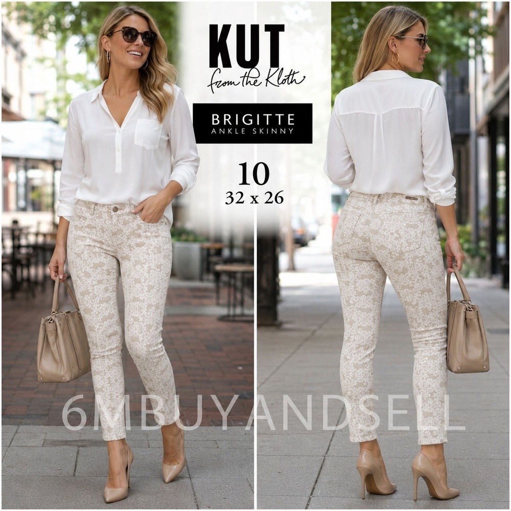 Kut from the Kloth Brigitte Ankle Skinny Pants Beige White Medallion Print 10